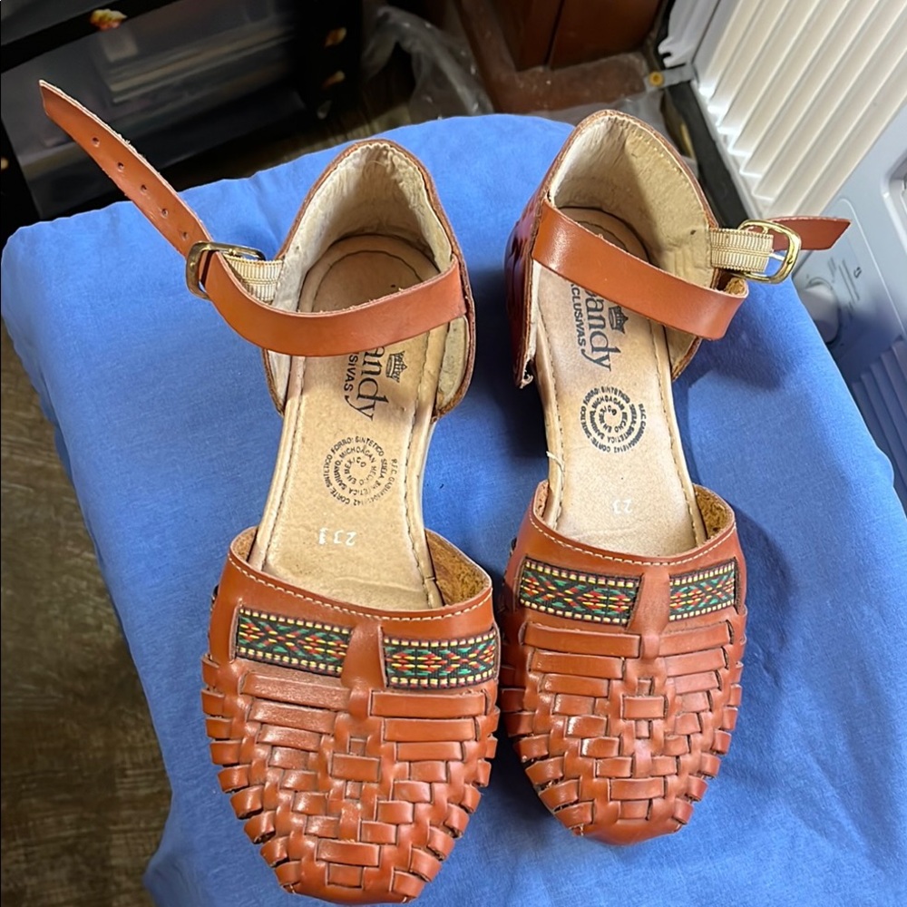 Brown Leather Huarache Sandals with Ankle Strap